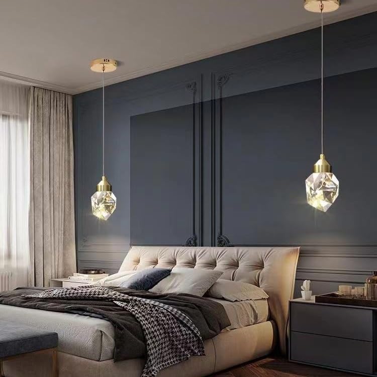 Nowoczesna prosta sypialnia wisząca lampa 4,7 cala kryształowy abażur przezroczysty romb lampa wisząca LED ciepłe światło lampka nocna lampa wisząca do przedpokoju do nauki