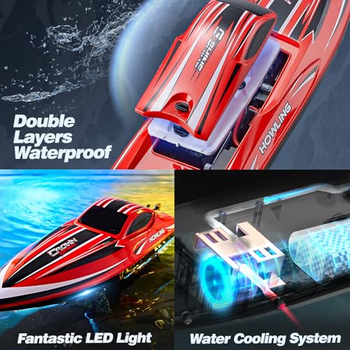 BEZGAR RC Boat, 16 inch Big Brushless Remote Control Boat for Adults and Kids, 55 KPH Large Fast RC Speed Boats with 2000mAh Battery, Ideal Waterproof Toy Boats for Lakes - HJ818PRO Red - Thumbnail 4