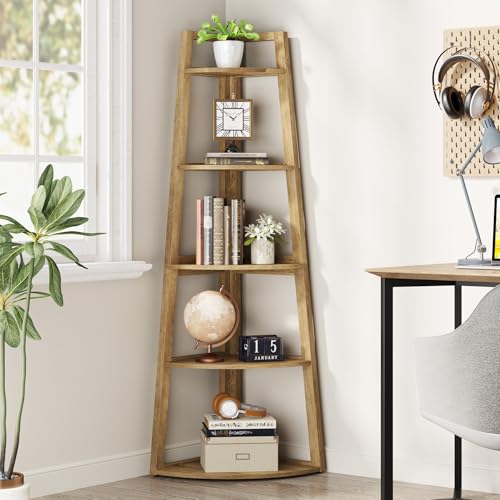 Image of Tribesigns 70 inch Tall Corner Shelf, 5 Tier Modern Corner Bookshelf Bookcase Industrial Corner Ladder Shelf Plant Stand for Living Room, Kitchen, Home Office (Light Brown)