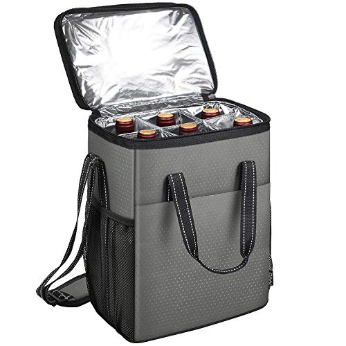 6 Bottle Wine Carrier - Insulated Padded Wine Carrying Cooler Tote Bag for Travel Camping and Picnic Ideal Wine Lover Gift Star Dot Pattern Grey