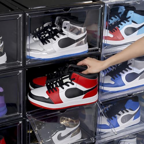 Image of NYALKARAN Shoe Storage Organizer Box for Sneakers - Transparent, Heavy Duty, Stackable with Magnetic Door - Large Plastic Shoe Box for Men & Women (Black, Pack of 1)