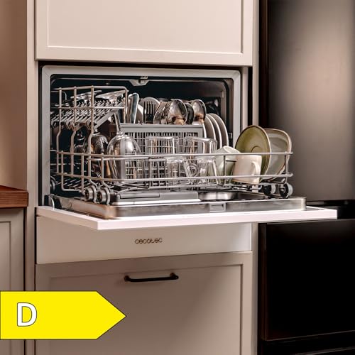 Cecotec Kompakte Teilintegrierbare Spülmaschine 6 Gedecke Bolero Aguazero 2500 S-BI Weißglas. 1380W, Weiße Glasoberfläche, Niedriger Verbrauch, 5 Programme, Touchpanel, Startzeitvorwahl