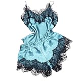 Lazzboy Sexy Spitze Nachtwäsche Dessous Versuchung Babydoll Unterwäsche Nachthemd Damen Reizwäsche Ouvert Erotik Split Set Lace Lingerie(Himmelblau,XL)