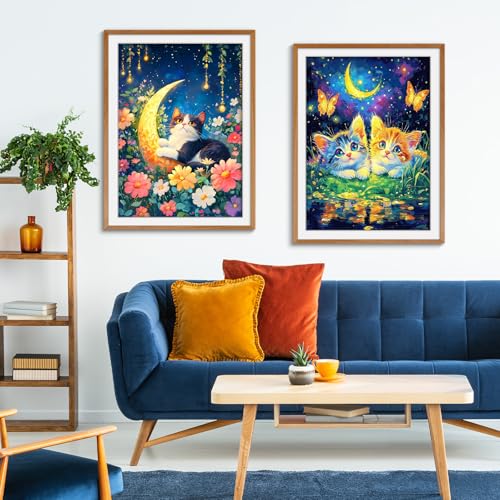 Image of SANYUN Cat Diamond Art Kits for Adults,Diamond Painting Kits for Beginners Flowers & Moon,5D DIY Round Diamond Dot Painting with Tools for Holiday Gift and Home Decor(12x16inch)