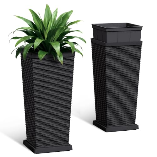 Acurax Set of 2 24 Inch Tall Plastic Planters with Drainage Saucers Rattan Pattern UV Resistant Indoor Outdoor Flower Pots for Patio Garden Balcony Decor Black