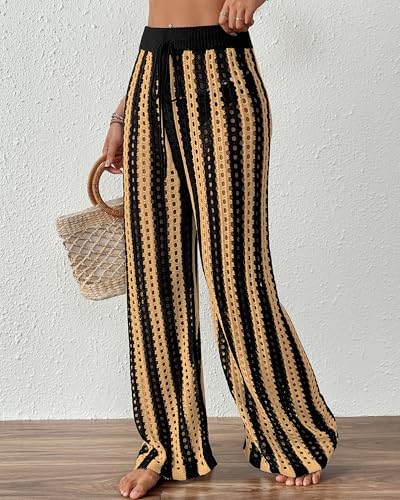 Bsubseach Womens Crochet Swimsuit Coverup Pants Striped High Waisted Drawstring Sexy Sheer Mesh Knit Wide Leg Beach Pants2