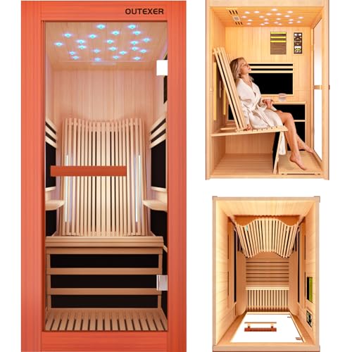 Image of OUTEXER Infrared Sauna 1495W Wooden Saunas Spa Room Pacific Clear Cedar Wood Single Person Indoor Saunas with Special Shaped Comfortable Backrest 32.68 * 47.24 * 69.29 Inch