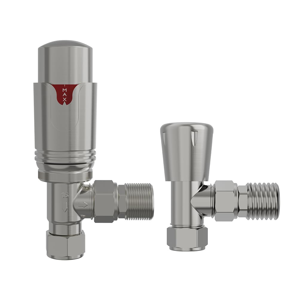 Nrg Satin Nickel Angled Thermostatic Valve Bathroom Towel Rail Radiator Valves Trv 15Mm Central Heating Taps With Free Lockshield Valve