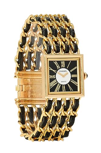 Chanel, Pre-Loved 18K Yellow Gold & Black Leather Mademoiselle Wa...