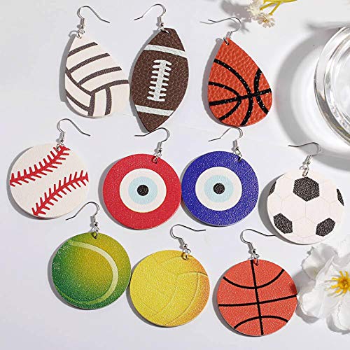 6 Pairs Ball Faux Leather Earrings For Sport Lover Lightweight Baseball Basketball Football Teardrop Dangle Earrings Set Gift For Teens Women #TOP4