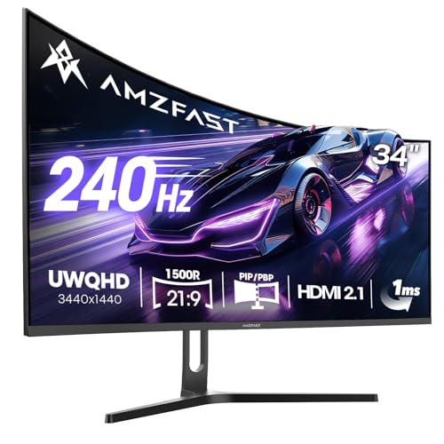 Amzfast 34-Inch Curved Gaming Monitor, 3440x1440 WUQHD, 240Hz, 1ms MPRT, Fast VA Curved Screen, 1500R, Adaptive Sync, HDR, sRGB 130%, 3000:1 Contrast, HDMI2.1&DP1.4, VESA Mount, PIP/PBP, AMZG34C5QPro
