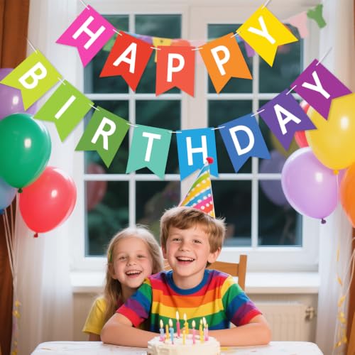 Image of Happy Birthday Banner Sign, Birthday Garland Wall Door Hanging Banners Flag for Women Men Boys Girls Party Backdrop Decorations, Personalized Name Banner White Letters Colorful