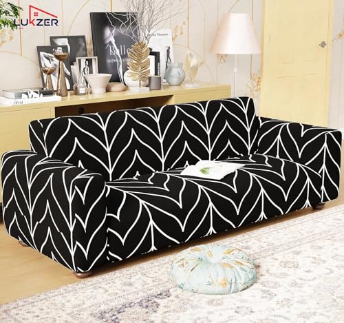 Image of Lukzer 3 Seater Black Stripe Pattern Universal Sofa Cover | 360 Fully Covered Anti-Slip Washable Couch Cover Protecter | 140 GSM Stretch Fit Polyester + Spandex Slipcover (180-230cm /SC-027-03)