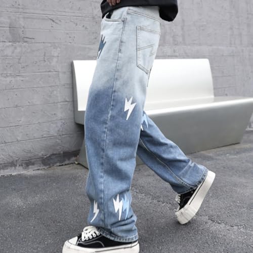 XYGJZ Lightning Print Jeans for Men Causal Straight Leg Denim Jeans Streetwear3