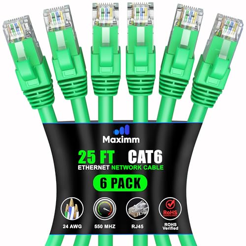 Maximm Cat 6 Ethernet Cable 25 ft (6-Pack) - High-Speed LAN Cable, Internet Cable, Patch Cable, and Network Cable - UTP, 10Gbps, 550MHz Ethernet Cord - Green