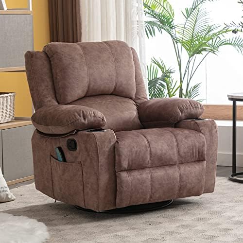 QiMai Recliner Chair Massage Rocker with Heated 360 Degree Swivel Lazy Boy Recliner Single Sofa Seat with Cup Holders for Living Room (Brown)