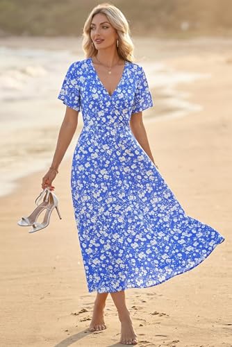AUSELILY Boho Kleid Damen Lang Bodenlang Hohe Taille Lässiges Lockeres Sommerkleid mit Taschen Blaue Blumen XL 3