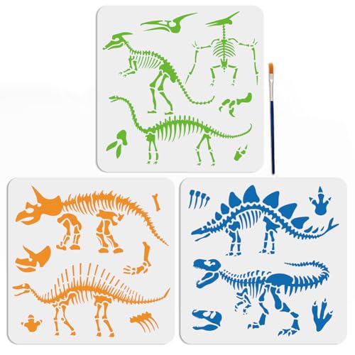 MAYJOYDIY 3pcs Dinosaur Skeleton Stencil Template Stegosaurus Triceratops Tyrannosaurus Rex Stencils 11.8×11.8inch with Paint Brush Dinosaur Footprint Stencils for Painting DIY Craft Window Wood