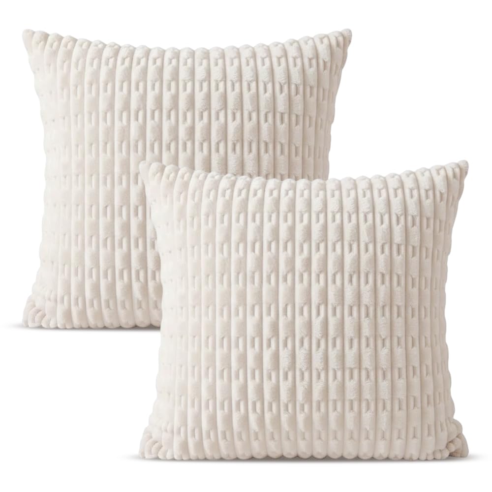 Vervora Cushion Covers Set of 2 Cream Soft Plush Velvet Pillow Cases 45x45cm, Textured Corn Striped Square Scatter Cushions for Sofa Living Room Bedroom, Scandi Home Decor - Invisible Zipper (Cream) โ image 1