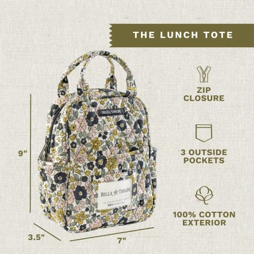 Bella Taylor Country Floral Feedsack Collection, Quilted Cotton Food Safe Peva Lined Lunch Tote For Women And Girls, Delicate Floral Charcoal #TOP2
