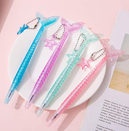 Maydahui 12PCS Cute Mermaid Shape Rollerball Pen Fish Pens Creative Crystal Flash Powder Starfish Pendant Signature Pen Black Gel Ink Design for Girls Women Student