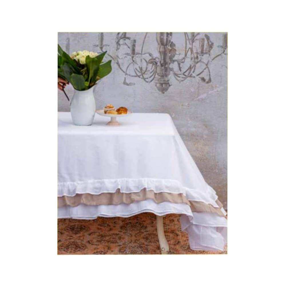 L'ATELIER 17 Tovaglia rettangolare copritavolo da cucina in puro cotone con rouches a contrasto e a tinta unita, Shabby Chic Sucre 150x270 cm 5 varianti BEIGE