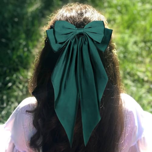 Lazos para el cabello para mujeres, lazo verde de raso sedoso con cola larga extragrande, grandes lazos para el cabello, pinzas metálicas para el cabello, accesorios para el cabello para niñas para fiestas (Verde) miniatura 2
