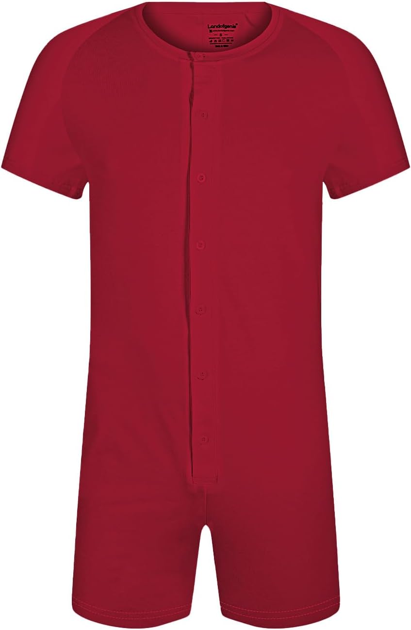 Landofgenie Mens Short Sleeve Onesie Bodysuit Henley Jumpsuit One Piece Pajamas Rompers