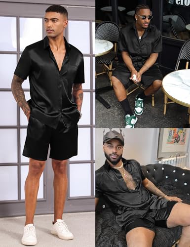 LecGee Men's Satin 2 Piece Outfits Lapel Shirt and Shorts Short Sleeve Button Down Tracksuit Luxury Set Prom Club Party4