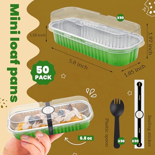 Image of NPLUX Mini Loaf Pans with Lids, 50 Pack Green 6.8oz for Holiday Treats | Suitable for mini breads, tart portions, dips and sweets; works well for made-ahead dessert batches.
