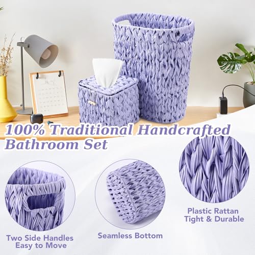 Image of Wicker Trash Can and Square Tissue Box Cover, 4 Gallon Water Hyacinth Bathroom Trash Can, Handwoven Napkin Holder,Narrow Small Waste Basket,Rustic Decorative Home Set for Bedroom,Office (Light Purple)