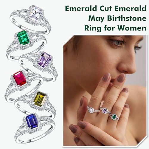 925 Sterling Silver Emerald Cut Engagement Ring Created Gemstome Cubic Zirconia Wedding Promise Ring Split Shank Halo Birthstone Rings for Women Size 6-103