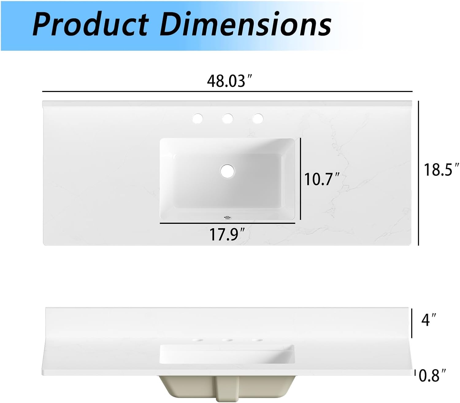 48 in. W x 18.5 in. D Bathroom Vanity Top, Quartz Countertop Carrara White Rectangular Undermount Single Sink, 3 Pre-Drilled Faucet Holes & 4'' Backsplash (Faucet Not Included)