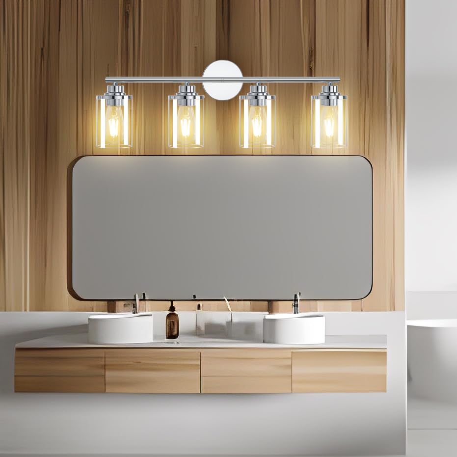Image of Bathroom Light Fixtures,Chrome Vanity Lights Over Mirror,Chrome Vanity Light for Bathroom, 31''Chrome 4-Light Modern Sconce