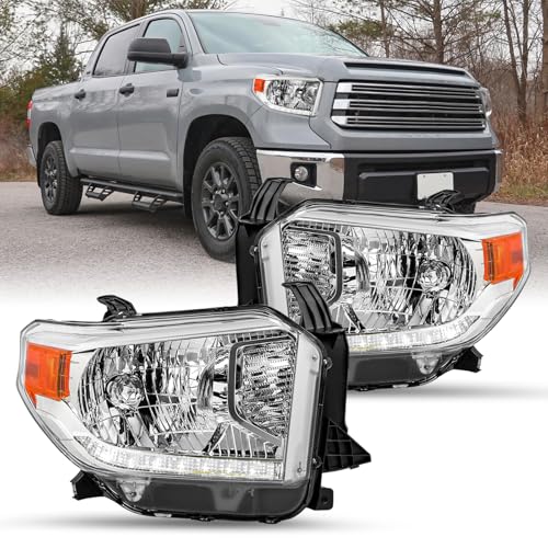 TUSDAR Halogen Headlight Assembly Fit for 2014-2021 Toyota Tundra with LED DRL & Level Adjuster Chrome Housing Amber Reflector Pair