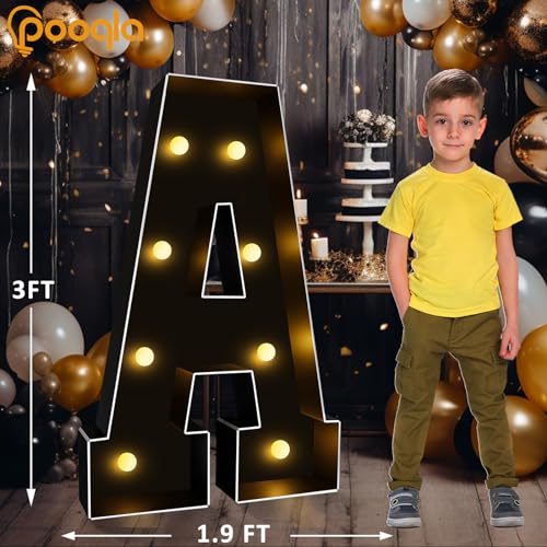 Image of Pooqla 3FT Marquee Light Up Letters, Black Large Letter A Party Decorations | LED Marquee Letters 3 Feet Tall, Black Giant Mosaic Letters Gift for Boys Men Birthday Anniversary Wedding Baby Shower Decor