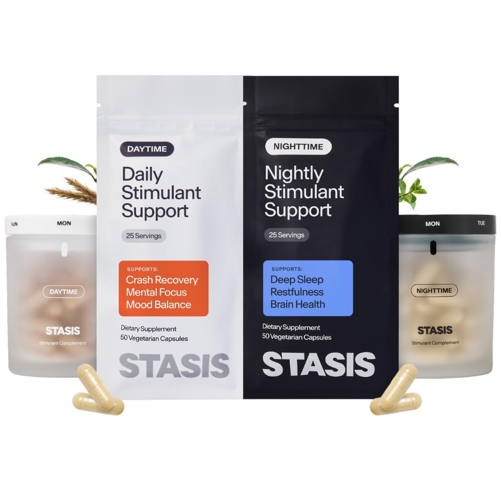 Stasis Day & Night Set Stimulant Support Supplement for Adults with Ashwagandha, Magnesium, Melatonin & L Theanine, Daily Routine System for Energy and Sleep Support, Vegan, 50 Servings, Complete Kit