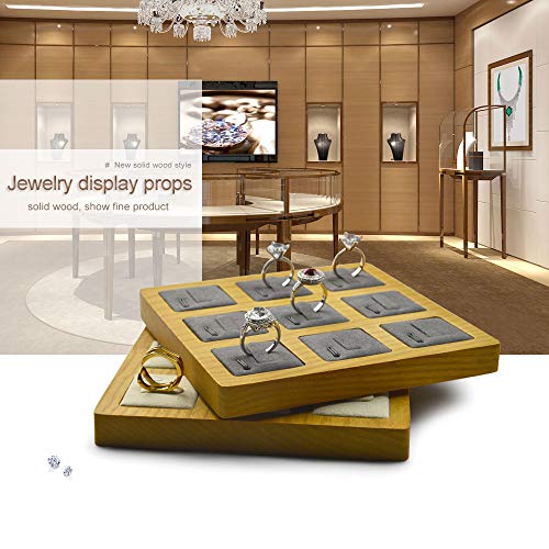 Oirlv Solid Wood Ring Display Stand Showcase Ring Display Organizer Tray 9 Bits Ring Holder (Grey)