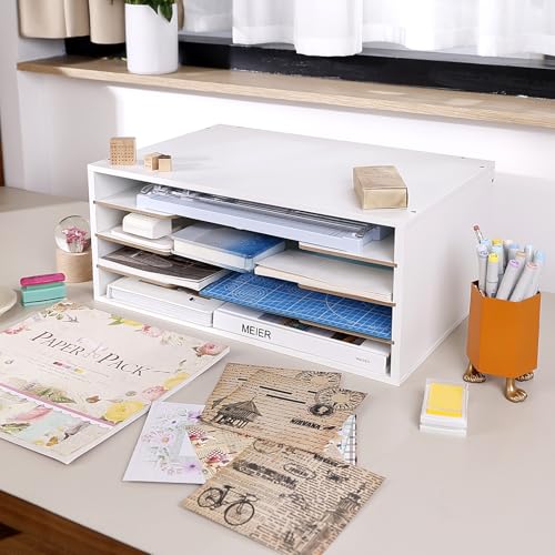 Image of Yumkfoi 12x18 Construction Paper Organizer, 4-Tiers Paper Storage Shelf, Wooden Desk Organizer, File Holder and Letter Tray for Office, Home, Classroom