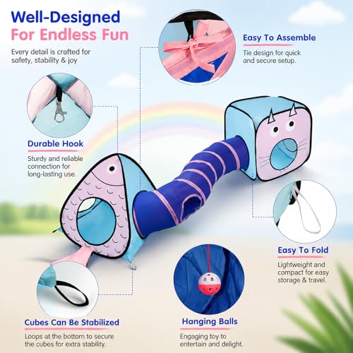 Image of Rypet Cat Toy Tunnel and Cubes Bundle - Interactive Crinkle Collapsible Cat Tube and Foldable Cubes Playground for Kitty, Rabbit, Puppy, Ferret Hiding Hunting and Resting