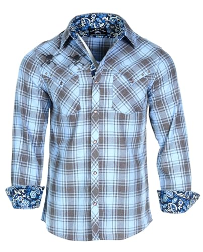 Rock Roll n Soul Men's Embroidered Skull Flannel Blue Long Sleeve Button-Up Shirt 8413
