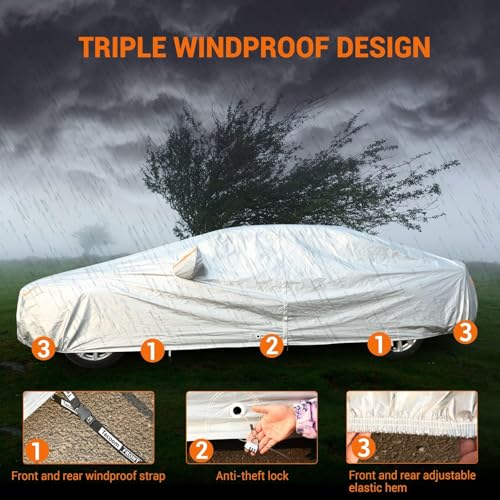 Image of Tecoom Waterproof All Weather Car Cover, 3-Layer Fleece Lined Covers with Zipper Door & Lock, Full Exterior Wind Rain Snow Sun Hail Protection, Fit for Sedan (191 inch-200 inch)