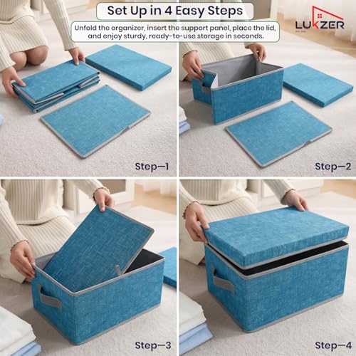 Image of Lukzer 4PC Blue & Grey Foldable Storage Box with Lid & Reinforced Handle | Fabric Wardrobe Clothes Organizer Basket Bin for Sarees, Blankets, Toys, Books & Closet /Almirah Storage (36 x 27 x 20 CM)