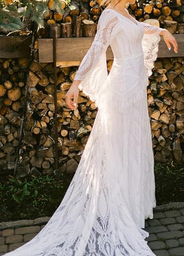Image of Women Beach Lace Wedding Dress V Neck Long Bell Sleeves Boho Tasseled Western Bridal Gowns for Bride