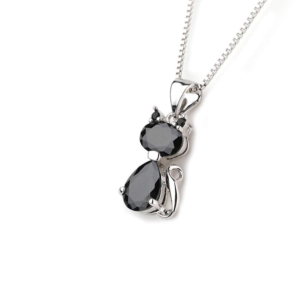 Cat Necklace Rhodium Plated Brass AAA Cubic Zirconia, 18+2" Box Chain (Black)