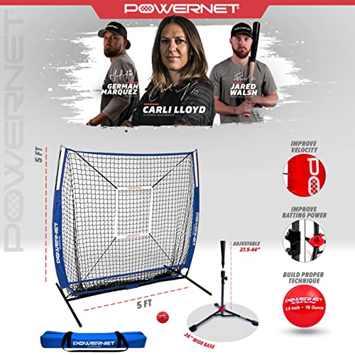 Powernet 5X5 Practice Net + Deluxe Tee + Strike Zone + Weighted Training Ball Bundle | Baseball Softball Pitching Batting Coaching | Work On Pitch Accuracy | Build Confidence At The Plate (Royal Blue) #TOP1