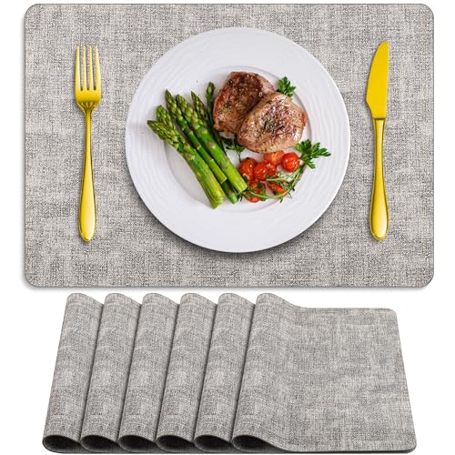 Placemats Set of 6 Washable, Heat Resistant Table Placemats Wipeable Faux Leather Place Mats Non Slip, Waterproof Square Table Mats for Indoor Outdoor, Light Grey