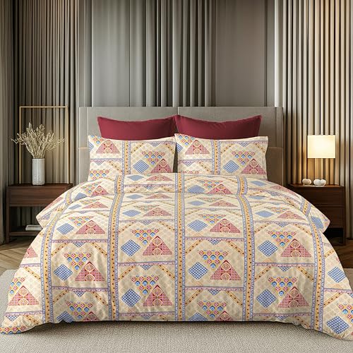 Image of FRESH FROM LOOM Cotton King Size Bedsheet 108x108 Super King, 100% Pure Cotton Bed Sheet with 2 Pillow Covers, 240 TC Soft Breathable | Perfect for Home Decor, YellowRed, Size- 108x108 inch