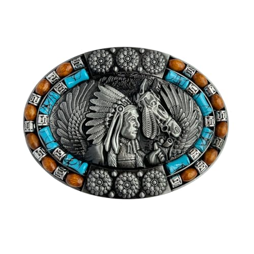 WALEOO Western Belt Buckles for Women Men, American Native Indian and Horse Turquoise Rodeo Cowboy Cowgirl Belt Buckle Accessories