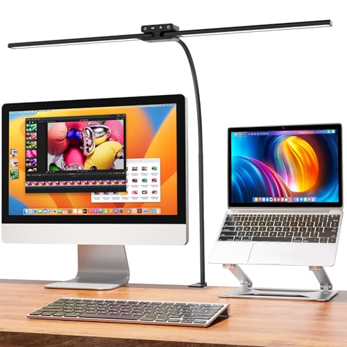 EppieBasic Desk Lamp for Home Office, 24W Led Desk Lamps with Clamp, Double Head Eye-Caring Dimmable Table Lamp, Adjustable Timer-Equipped Architect Desk Light for Study and Monitor Work